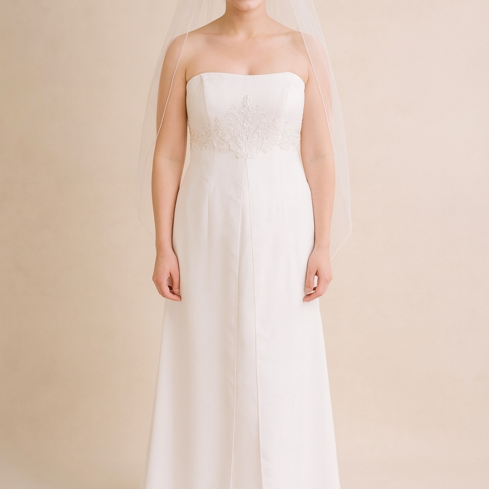 David's Bridal Strapless White Wedding Dress with Beaded Waist